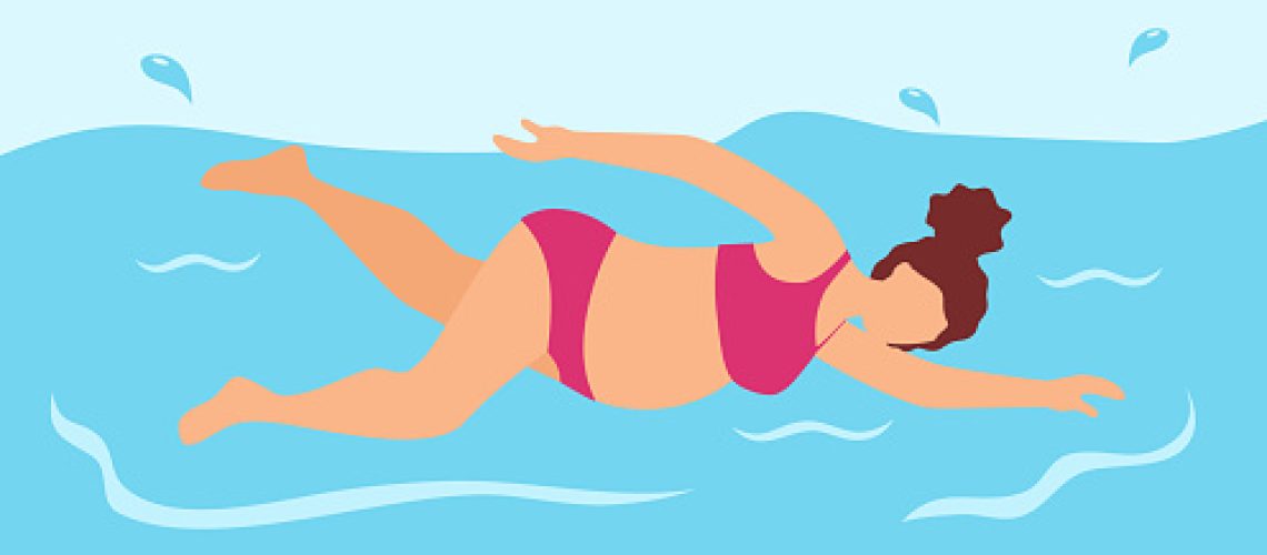 Pregnant woman swimming in a pool flat design.